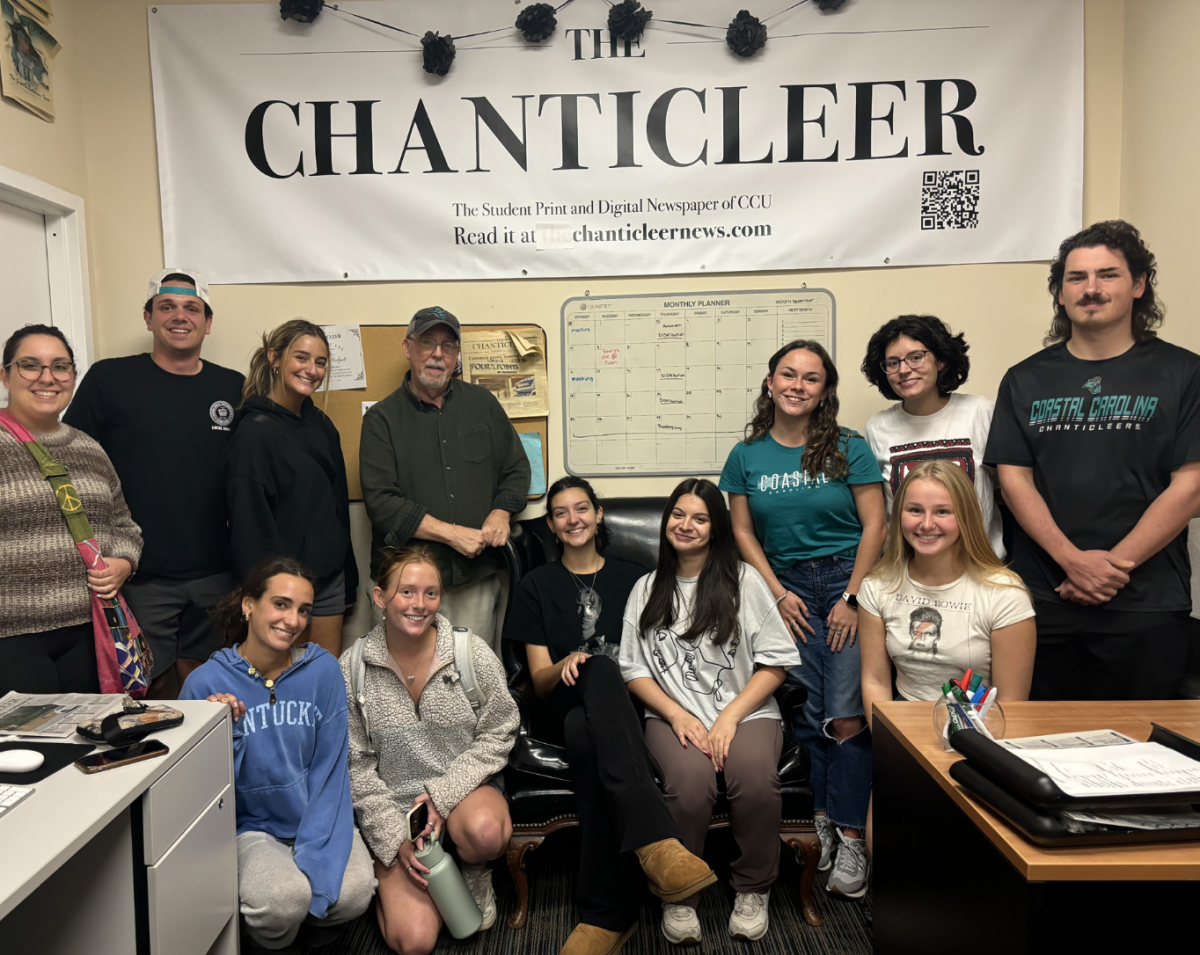 The Chanticleer's new reporters pose with Student Media Coordinator John Harvey, Managing Editor/Print Madisyn Padgett and Editor-in-Chief Brooke Bromberg.